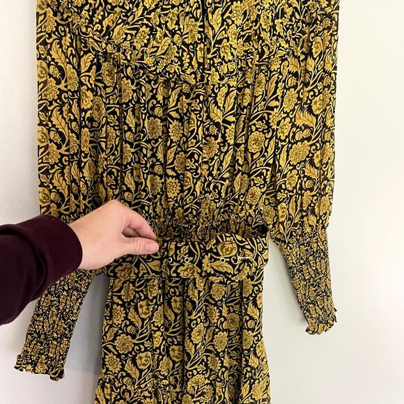 NICHOLAS Abbey Ruffled Printed Crepe Mini Dress In Mustard Yellow w/ Belt SZ 0 - Picture 3 of 16
